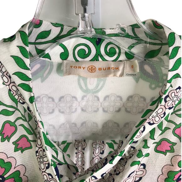 Tory Burch Kia Silk Blouse Wns Sz 0 White Floral Button Down Tie Neck 60's Calif - Picture 2 of 8